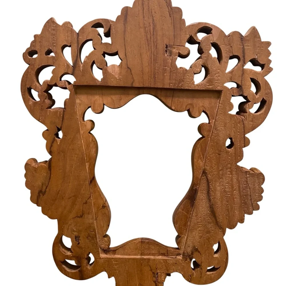 Vtg Ornate Brown Wood Wall Frame. Detailed Hand carved Mirror, photo foliage